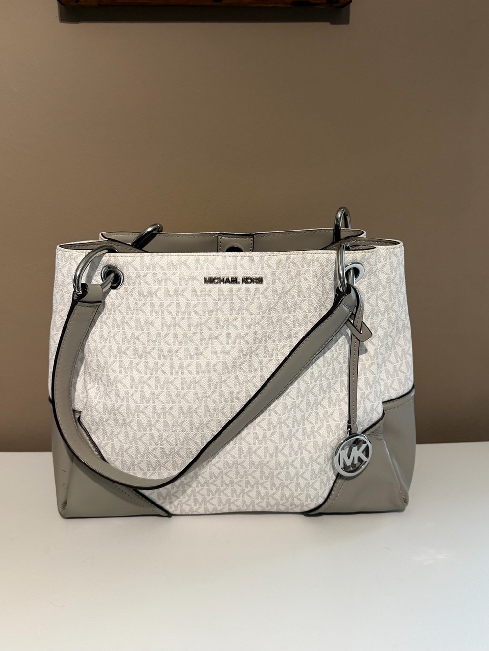 Michael Kors White & Taupe MK Logo Tote with Silver Charm